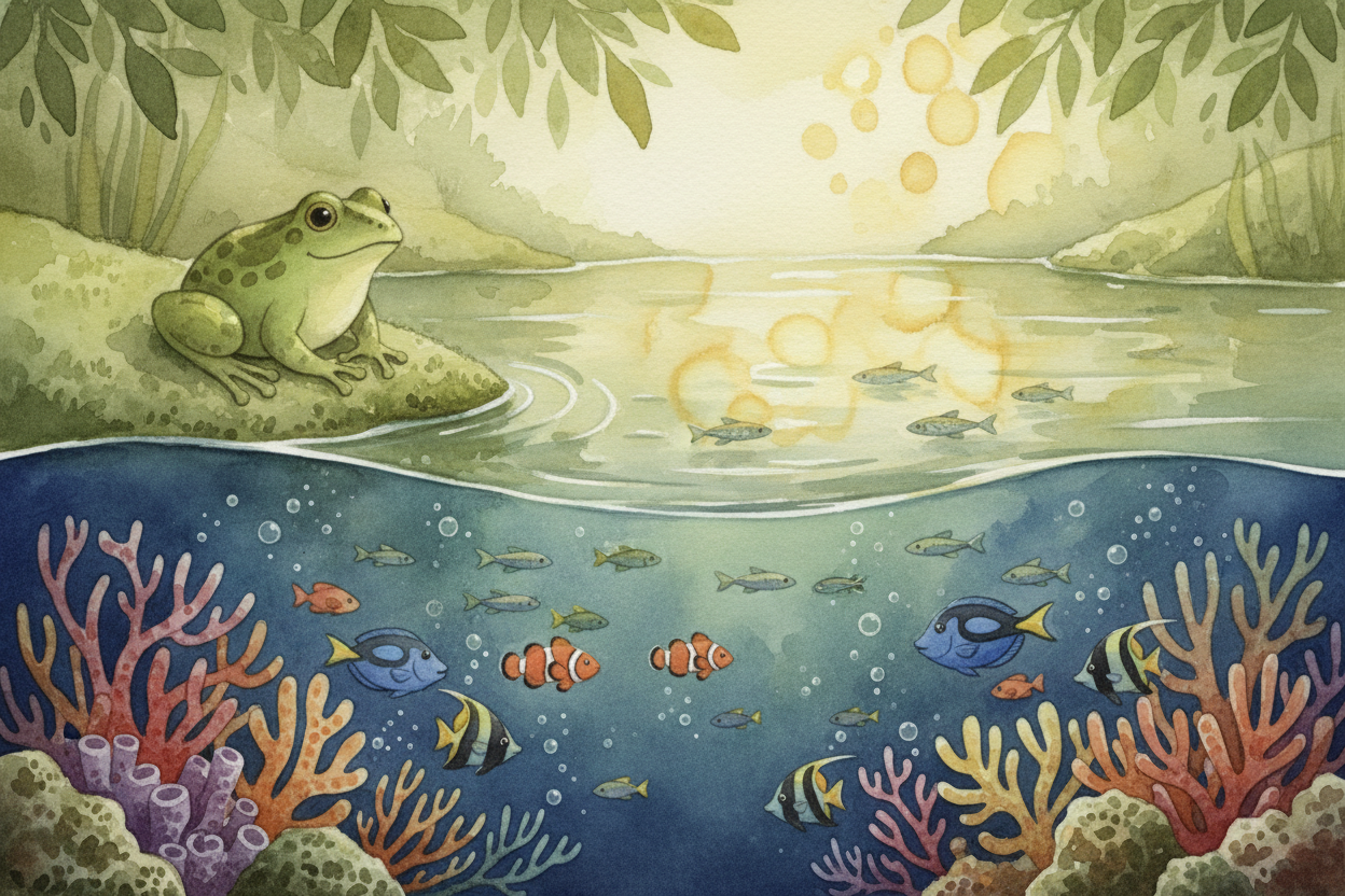 **Water gets its own habitats too**. *The ocean is salty and enormous*, home to whales and coral. Rivers and ponds are f
