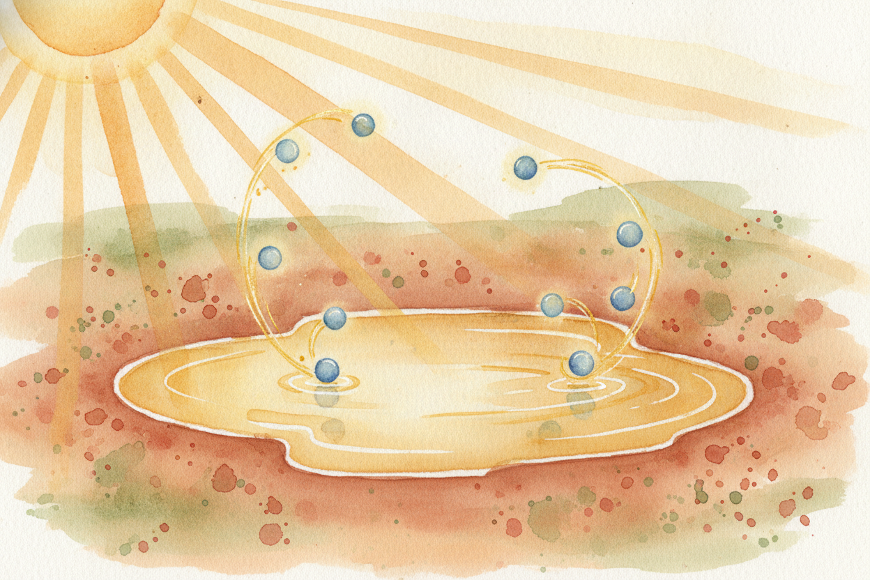The warmer it gets, **the harder they dance**. Sunshine pours heat into the puddle, and the heat is basically energy — a
