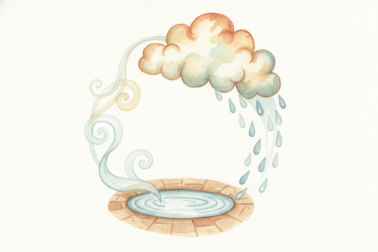 And the story keeps spinning. Up in a cloud, those droplets bunch together until they're heavy — then ~~down they fall~~