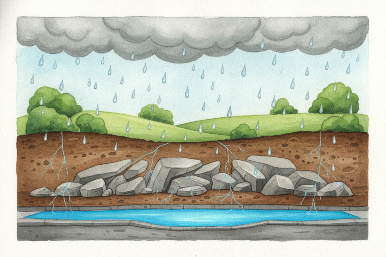 Most drinking water starts as rain. Clouds release it, and it falls onto forests, fields, rivers, and lakes. Some of it 