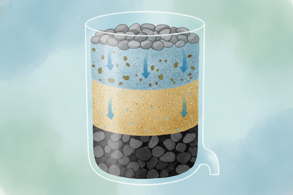 Next, the water passes through thick filters made of *sand, gravel, and charcoal*. These layers trap smaller particles *