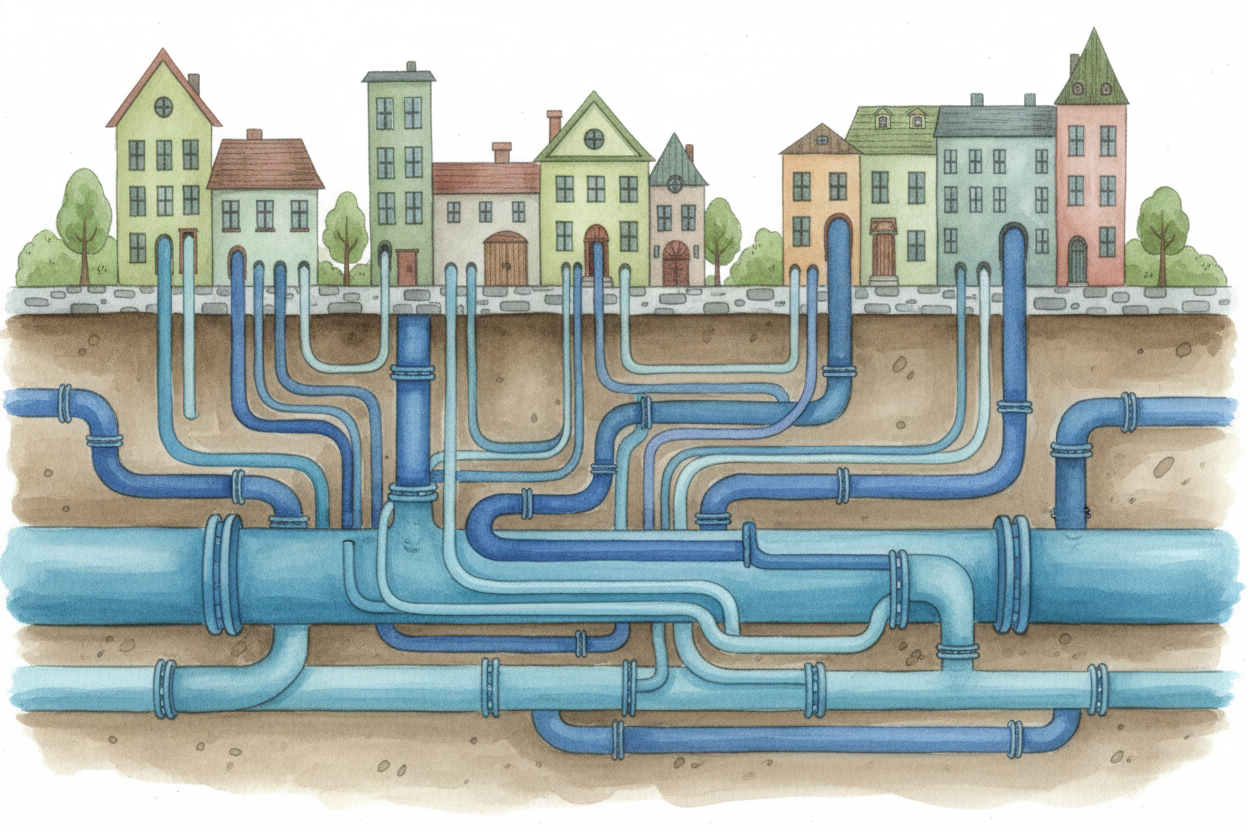 Now the water is ready. It flows into a network of underground pipes — **some as wide as cars**, branching into smaller 