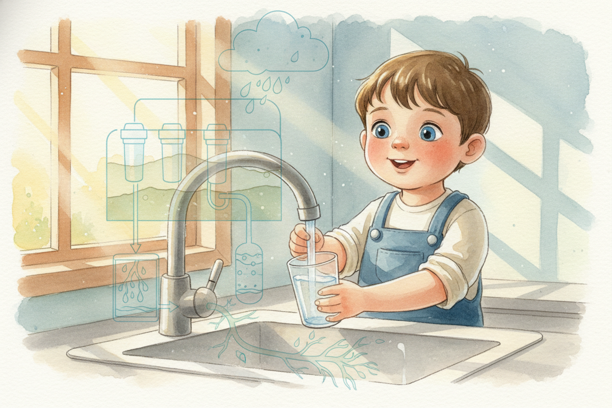 By the time it reaches your tap, that water might have fallen as rain **a hundred miles away**, spent months underground