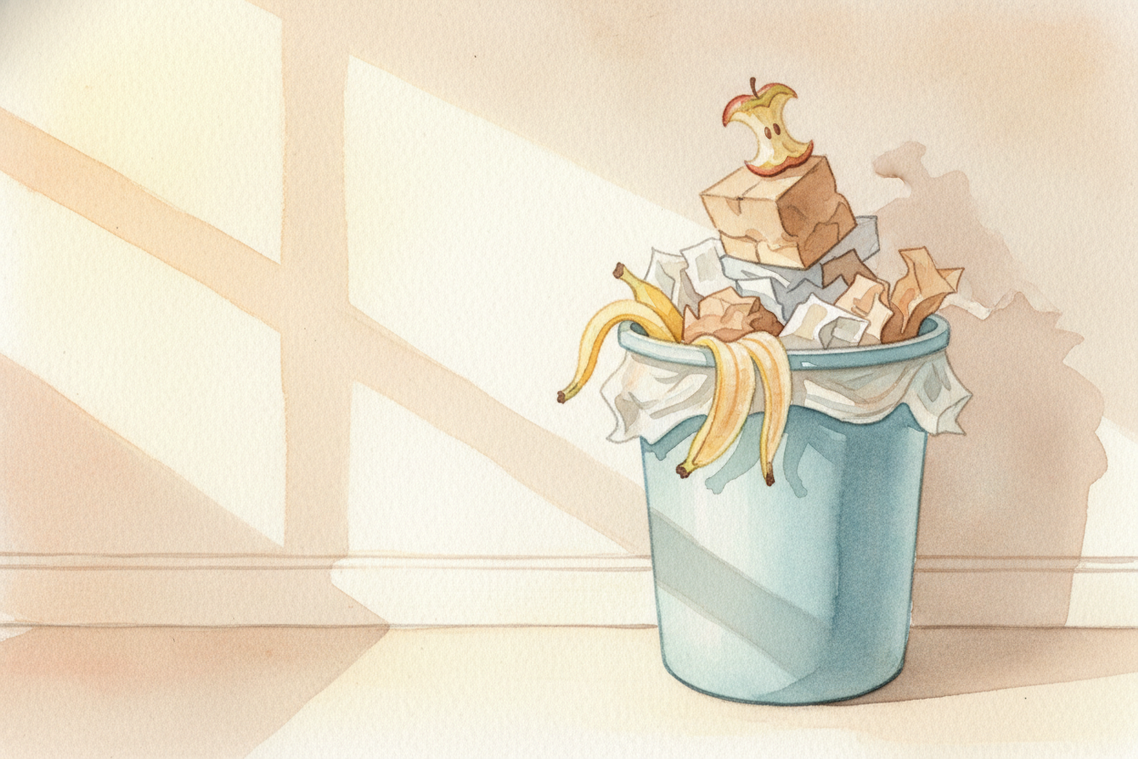You toss an apple core into the bin. You crumple up a broken pencil box and throw it away. ~~And just like that—gone!~~ 