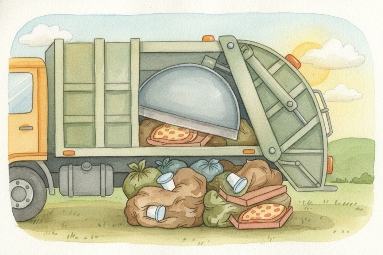 First stop: the garbage truck. Once a week, a huge truck rumbles down your street, and workers toss all those bags into 