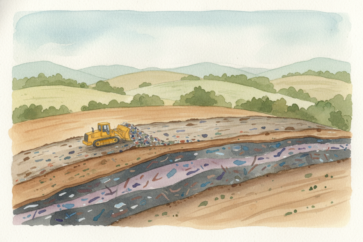 The truck drives to a ++landfill++—a giant field where trash gets buried. Workers spread the garbage out in layers, then