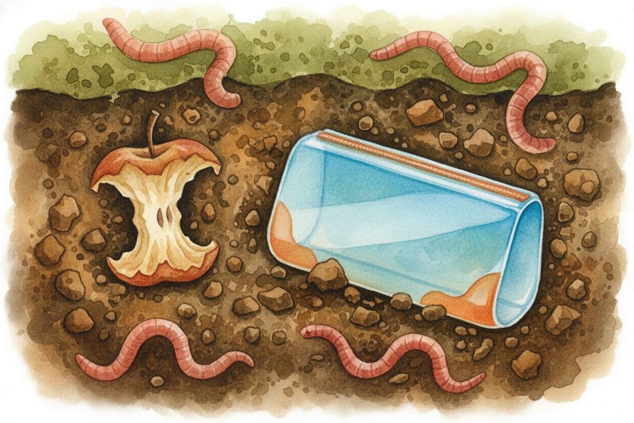 ~~What happens under all that dirt?~~ Your apple core will rot away in a few months—bacteria eat it and turn it into soi