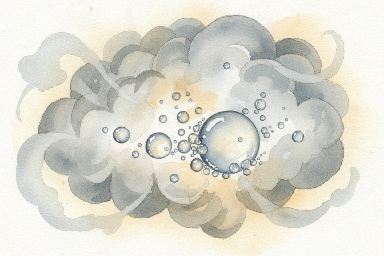 ~~But those droplets don't stay tiny.~~ They bump into each other up there, *merging, growing heavier*. **One droplet be