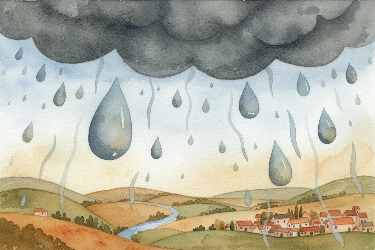 ~~That's when gravity wins.~~ The heavy drops fall, pulling free from the cloud. As they **plummet**, they keep grabbing
