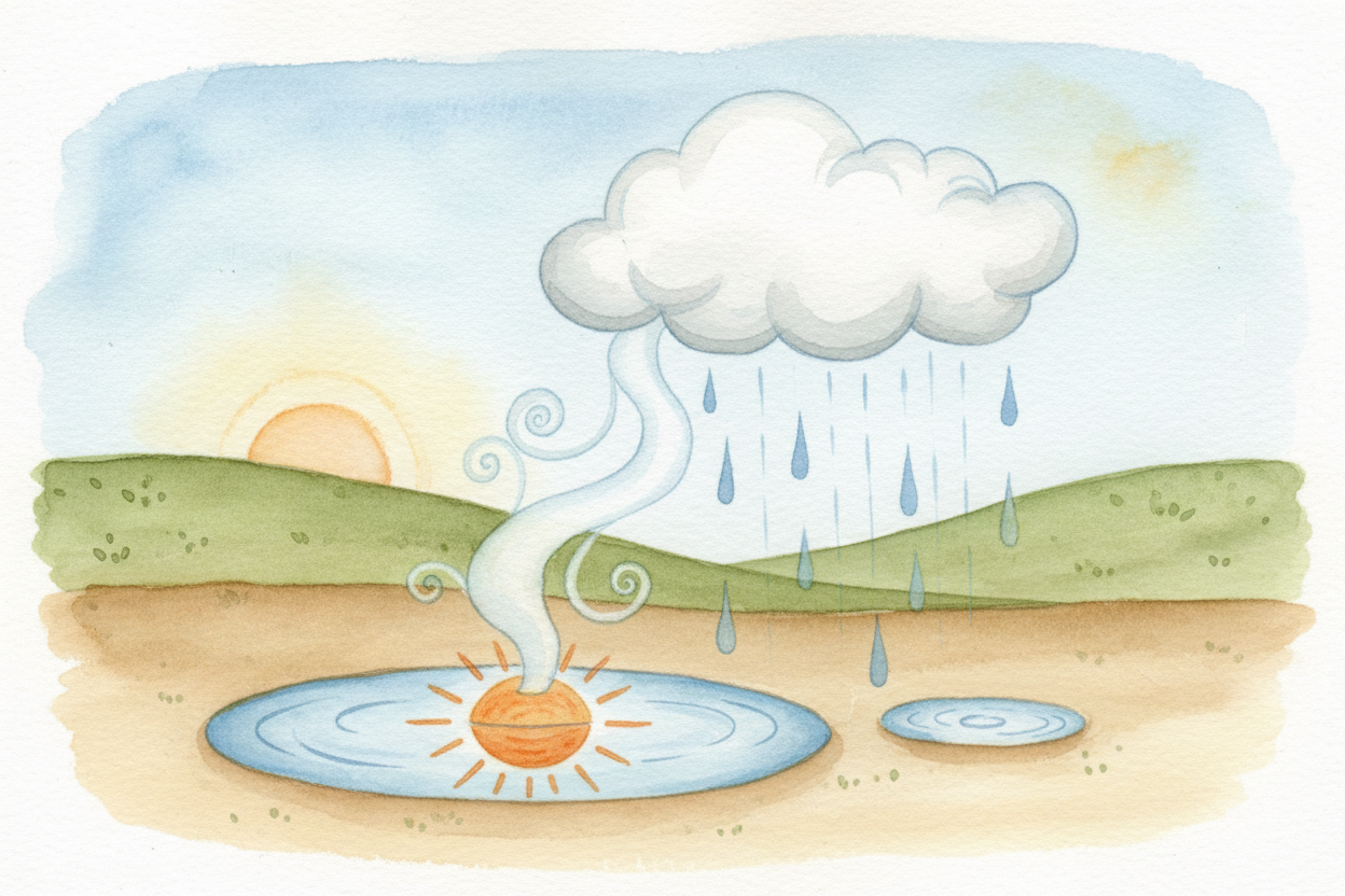 So rain is just water that **took a trip**: up as *invisible vapor*, back down as a drop. ~~The sun lifts it, the cold s