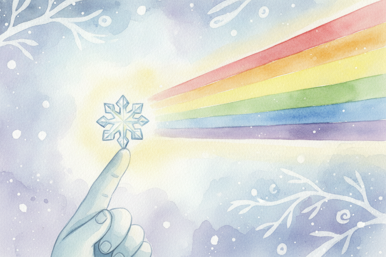 ~~Here's the twist:~~ **a single snow crystal isn't white at all**. It's clear, _like a tiny chip of glass_. So where do