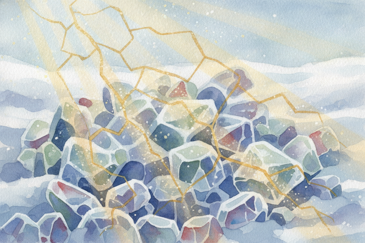 Now **picture a pile of snow**. It's not one crystal — it's millions, all jumbled together at every angle, with tiny poc