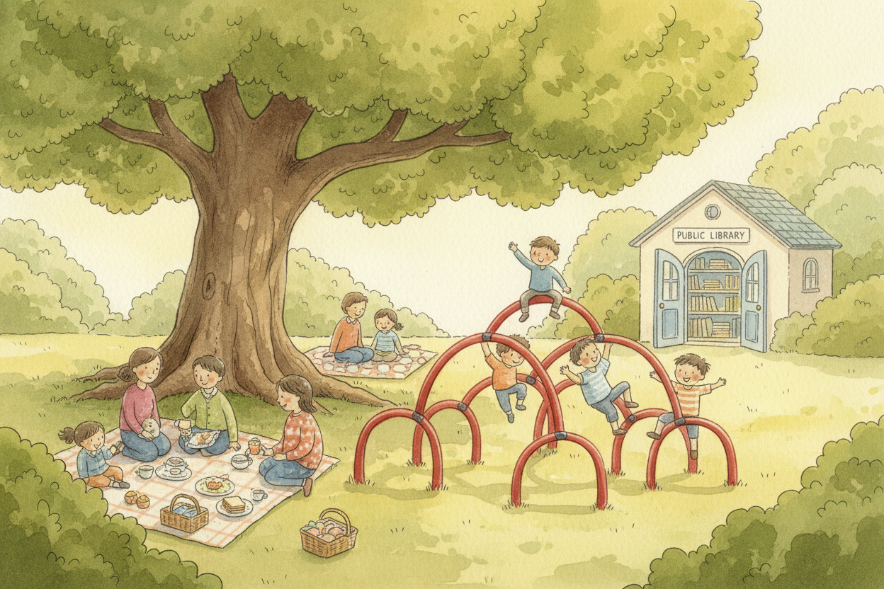 Parks, libraries, community centers. **That playground with the good swings?** The library where you can *borrow a thous