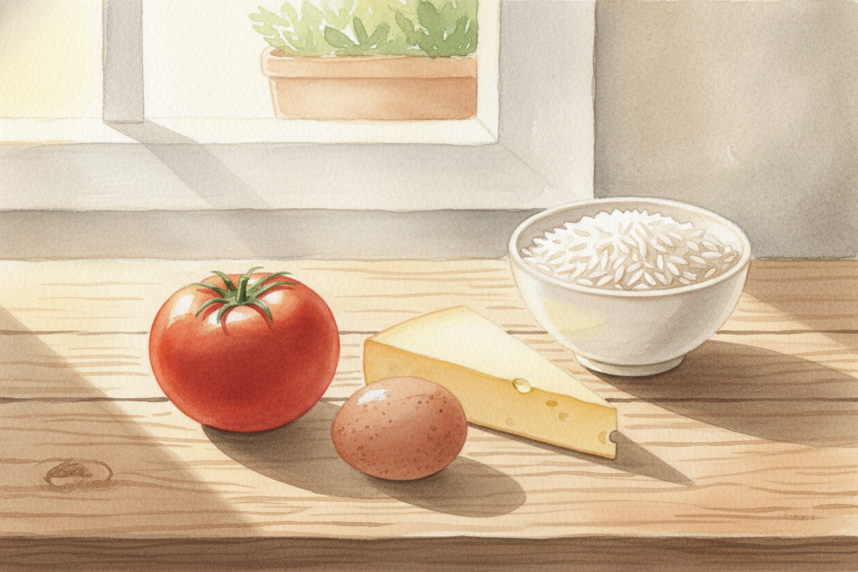 냉장고를 열어 보세요. 토마토가 있고, 달걀이 있고, 치즈 한 조각이 있고, 어쩌면 쌀 한 줌도 있을 거예요. 그것들은 언제나 그 자리에 있었던 것처럼, **여러분을 기다리고 있는 것처럼** 보이지요. ~~하지만~~