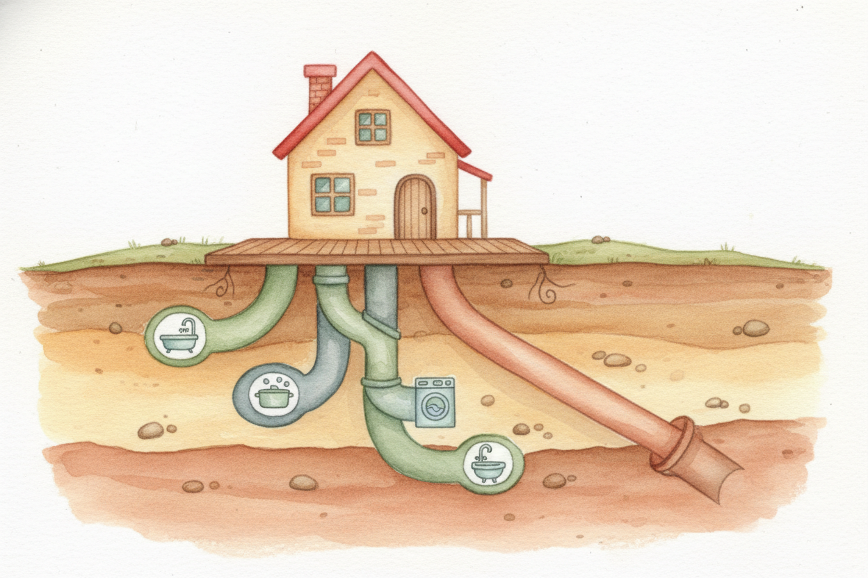 First stop: the pipe under your house. All your drains — sink, shower, toilet — connect to one big pipe called the ++sew