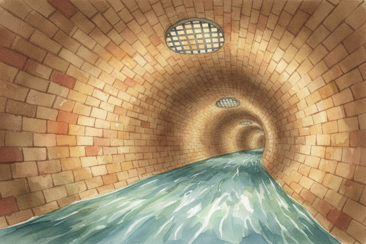 That pipe joins thousands of others from your neighbors' houses, all flowing into massive underground tunnels **big enou
