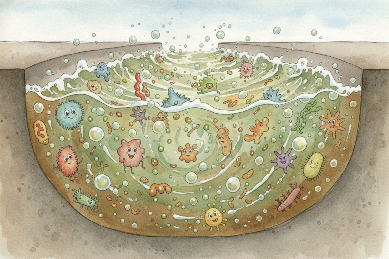 Next comes the ~~bacteria party~~. **Billions of tiny helpful bacteria** are added to the water in huge aeration tanks. 