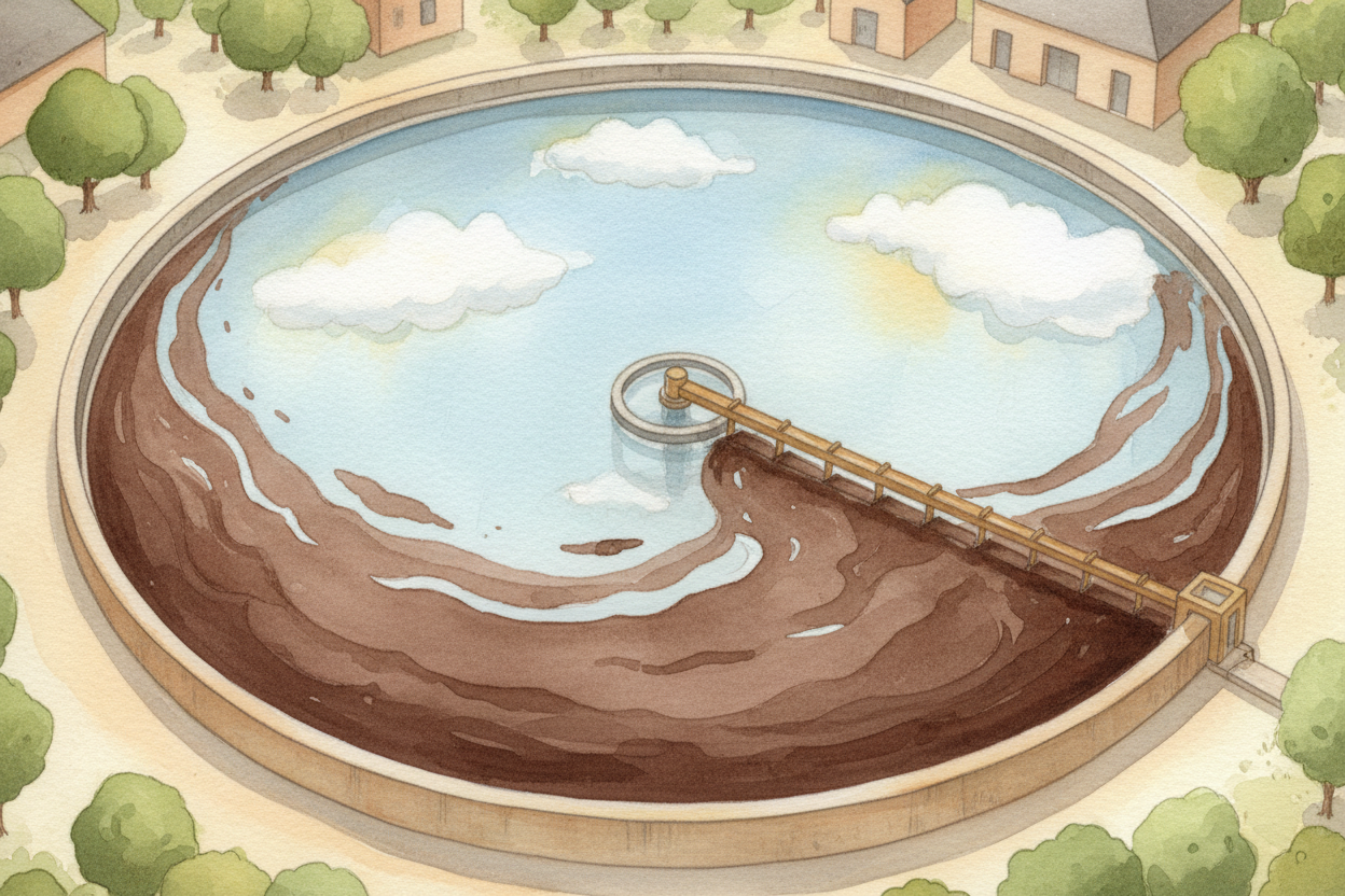 After the bacteria ~~feast~~, the water moves to clarifier tanks where it _sits still and calm_. The bacteria clump toge