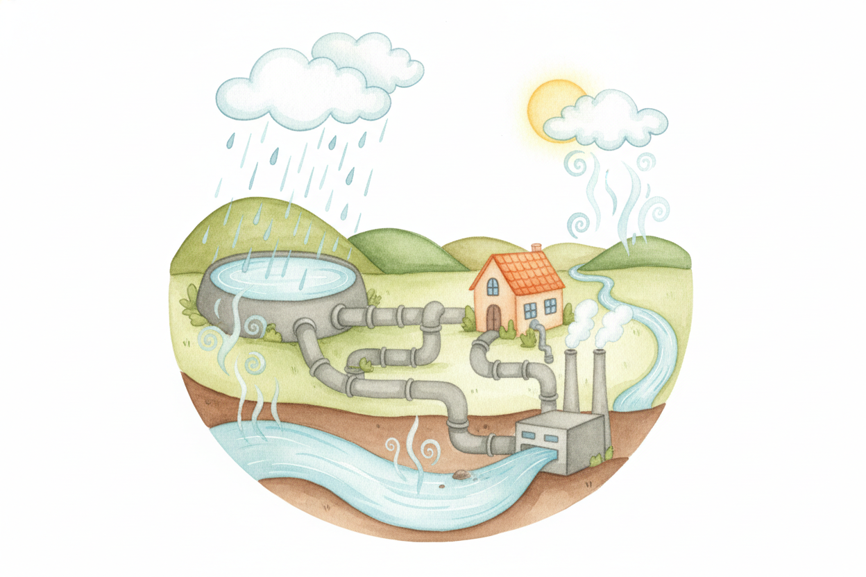 ~~And here's the wild part:~~ that river water will eventually evaporate into clouds, fall as rain, get collected in res