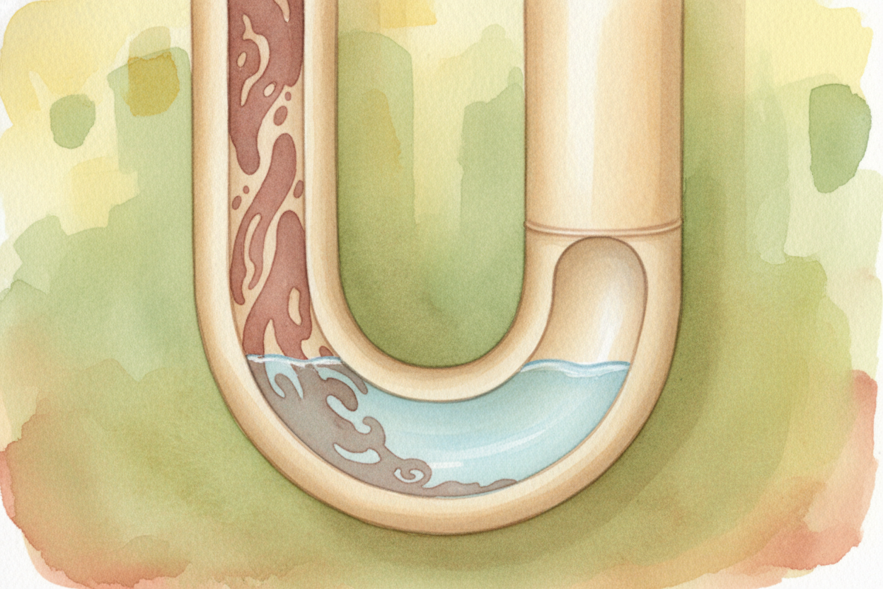 First stop: your home's drain pipes. Gravity pulls the water downward through a curved pipe called a ++trap++ — it's **s