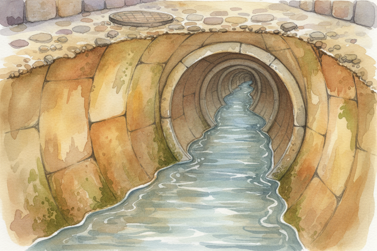 The water rushes through your house's pipes, joining streams from sinks and showers, then ~~shoots into~~ an underground
