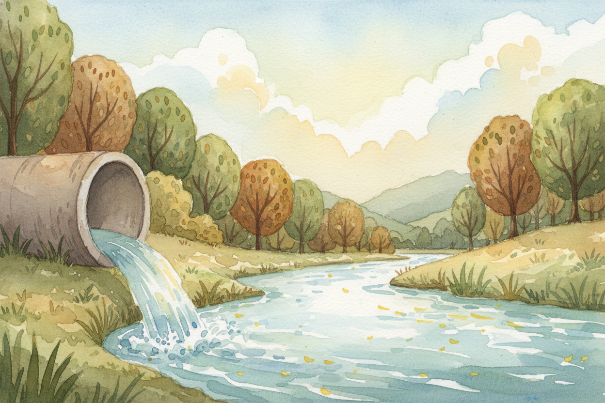The treated water leaves the plant through a pipe that leads to a river, lake, or ocean. It **rejoins the natural water 