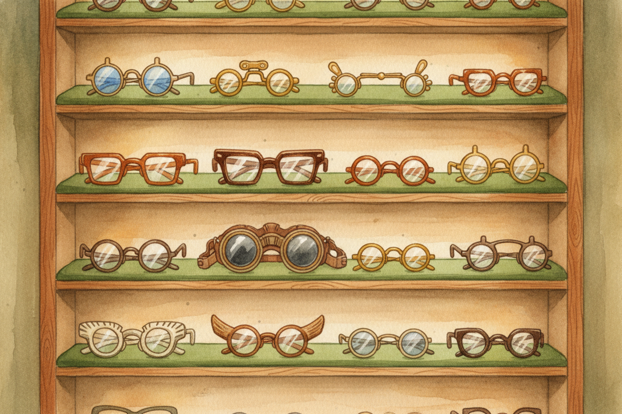 Once glasses had temples, ~~the design exploded~~. Wire frames, gold frames, tortoiseshell, horn, steel. Tiny spectacles
