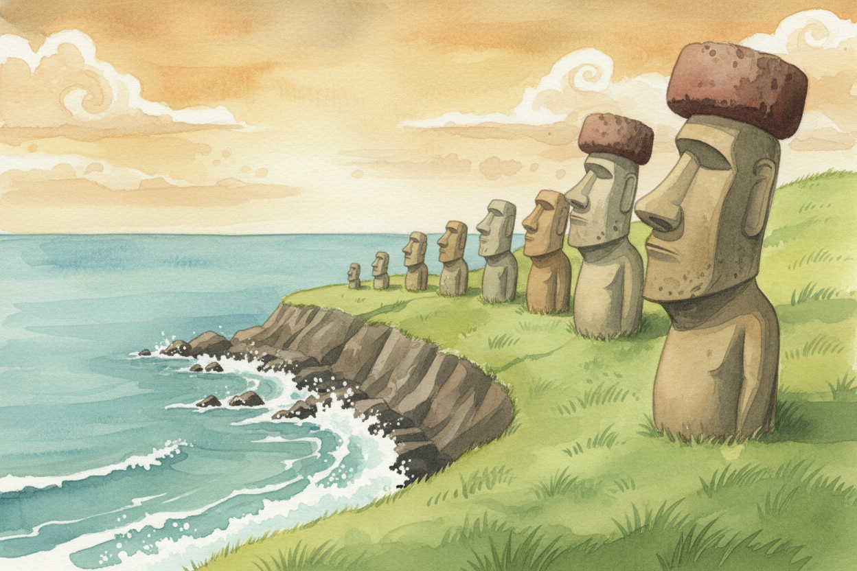 They stand in rows along the coast of a tiny island in the middle of the Pacific Ocean — stone giants, hundreds of them,