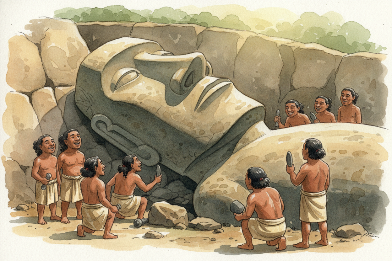 The statues are called ++moai++, and they represented ancestors — powerful chiefs and leaders watching over the living. 