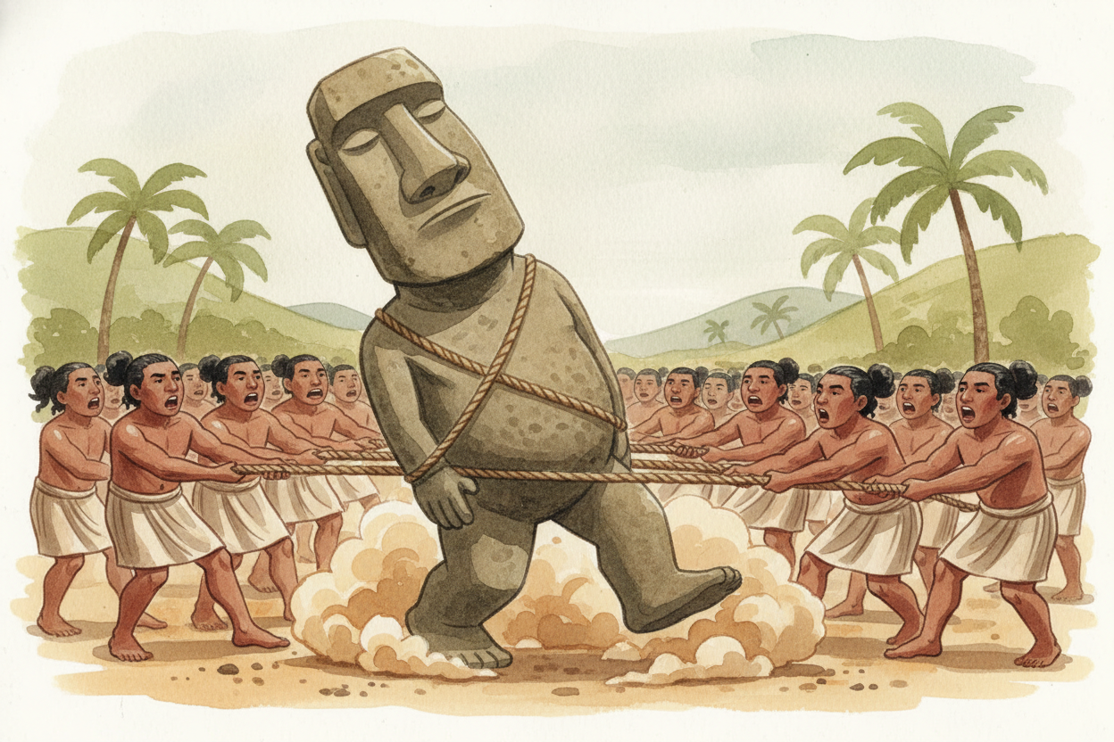 Once carved, the moai had to travel. Some were moved **over ten miles** from the quarry to their final spots on stone pl