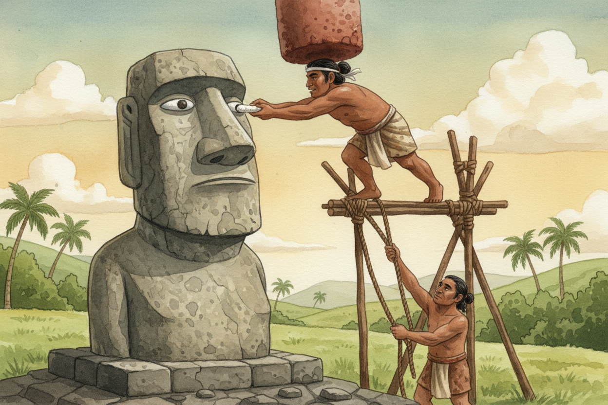 Once a moai reached its platform, carvers gave it eyes — inlaid with white coral and black obsidian. ~~That's when it ca