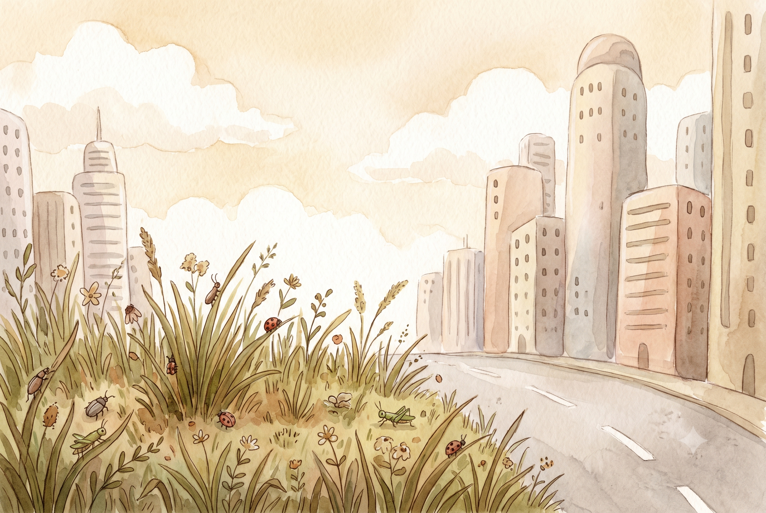 ~~Later, cities grew.~~ More roads and buildings appeared. The **bug-hunting places** _he loved_ became harder to find, 