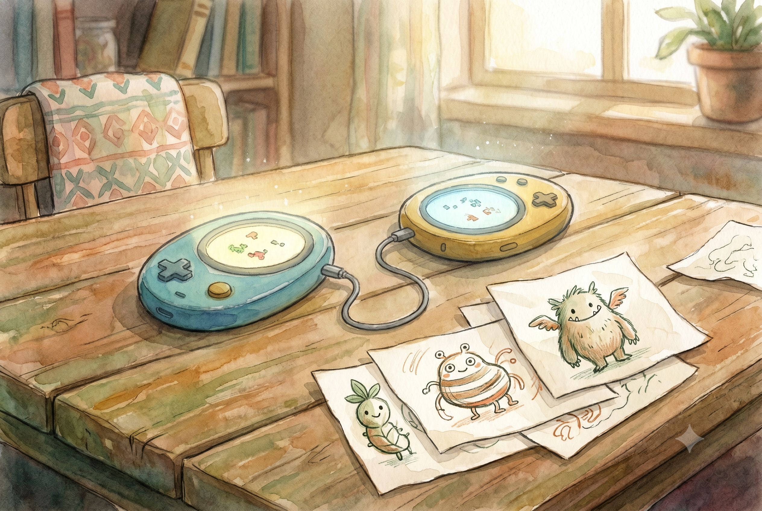 One machine detail made the idea sparkle. Portable game devices could connect with a cable, so ++Tajiri++ imagined playe