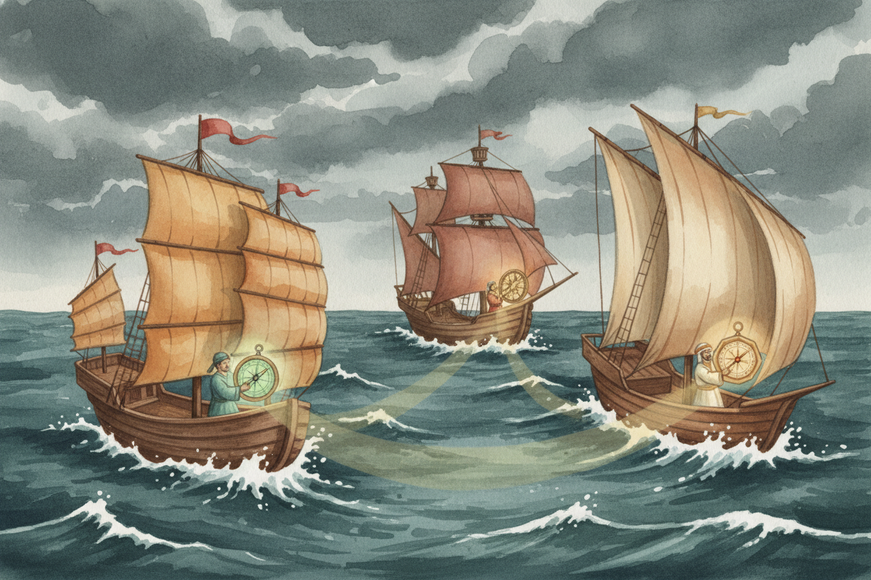 By the 1100s, Chinese navigators were using compasses to cross the open ocean, ~~even when clouds hid the stars~~. The t