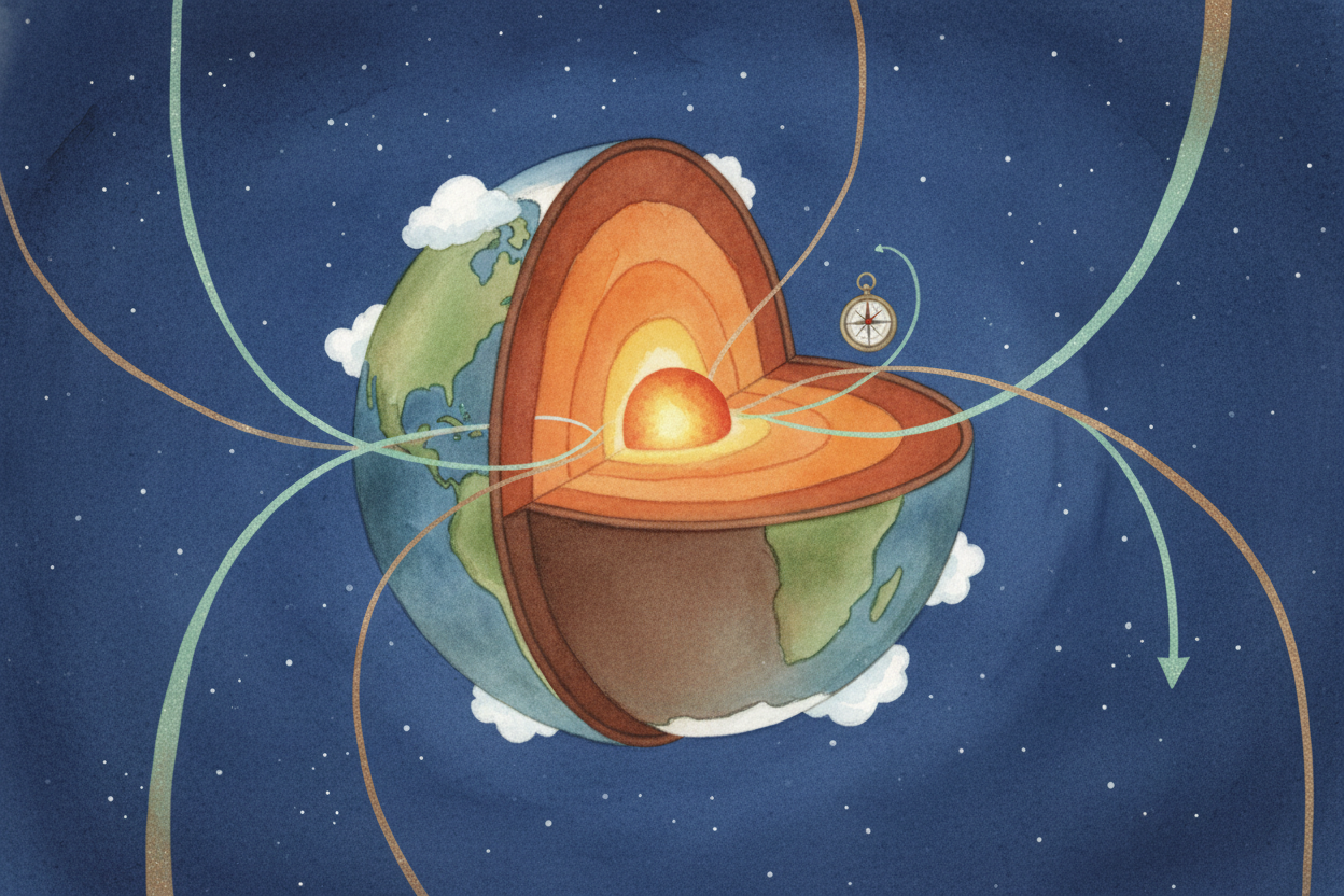 So why does a magnetized needle point north? The answer is ~~honestly kind of hilarious~~: ++Earth++ itself is a giant m
