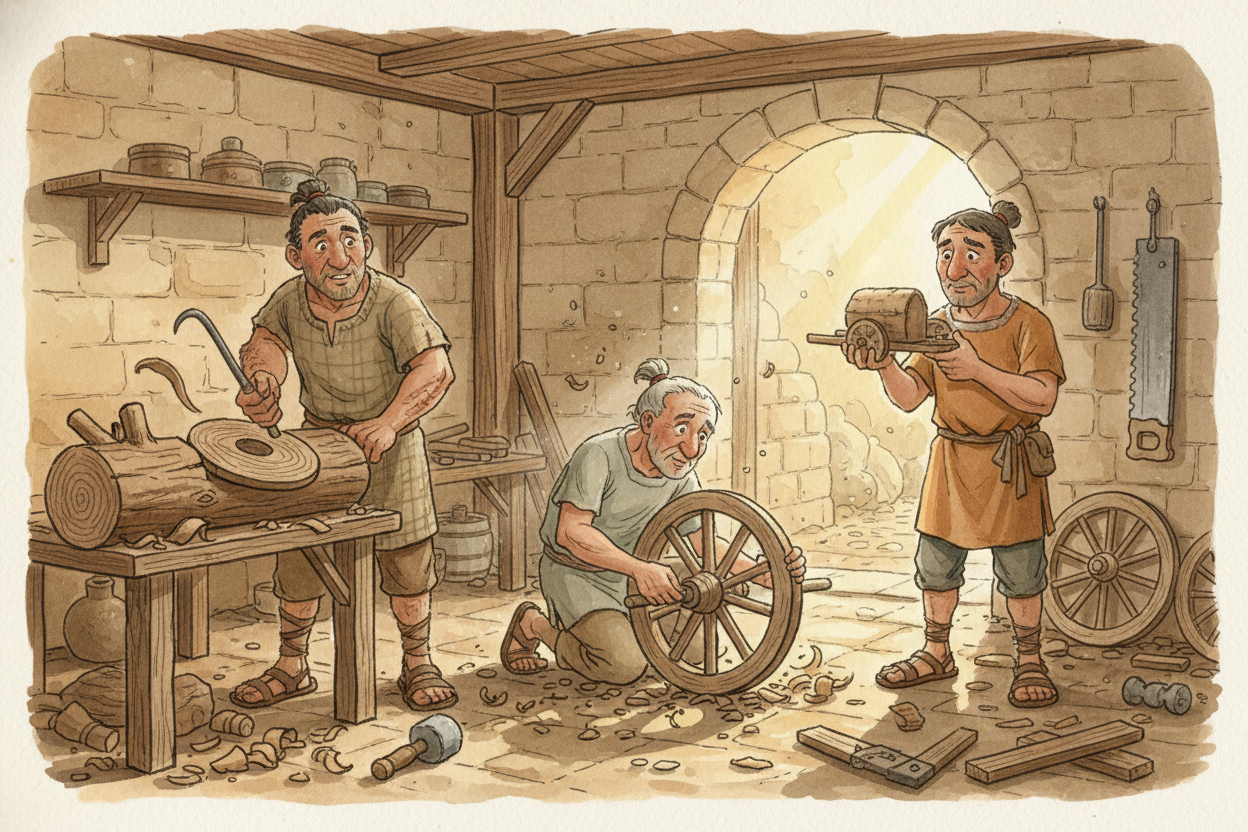 But we don't know *who* did it first. **No name. No statue.** The wheel wasn't invented by one person in one flash — it 