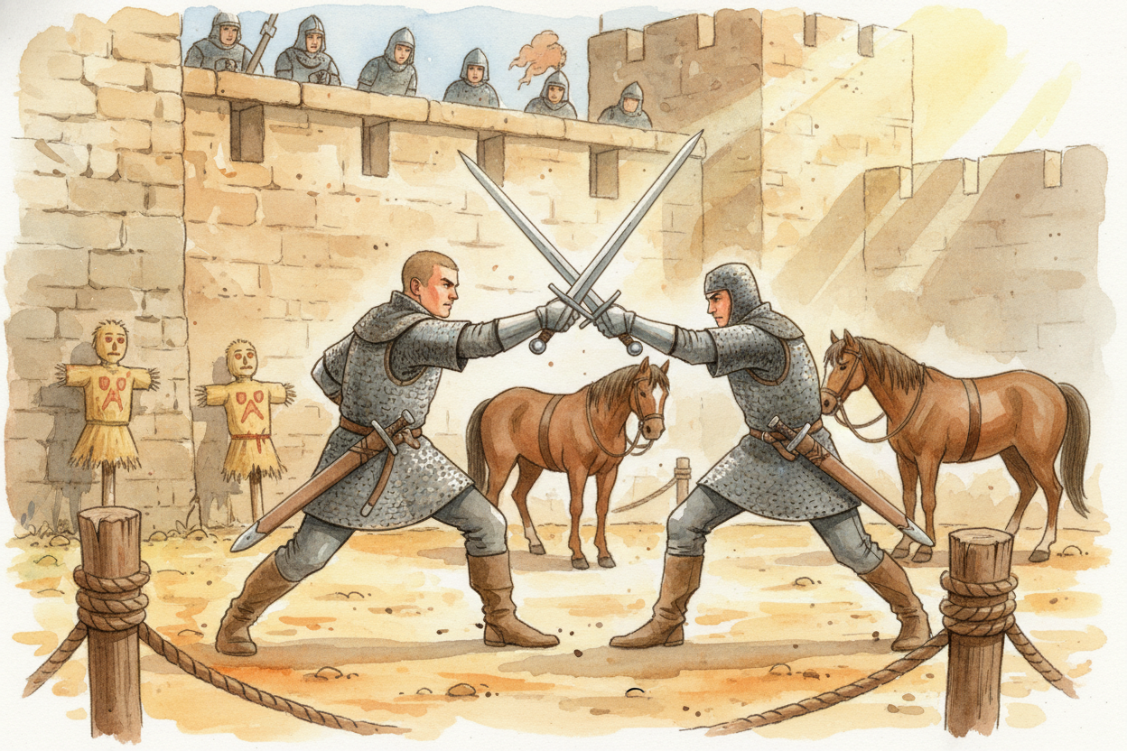 Knights lived in the castle too, sworn to protect the lord in battle. They trained in the courtyard every day — ~~sword 