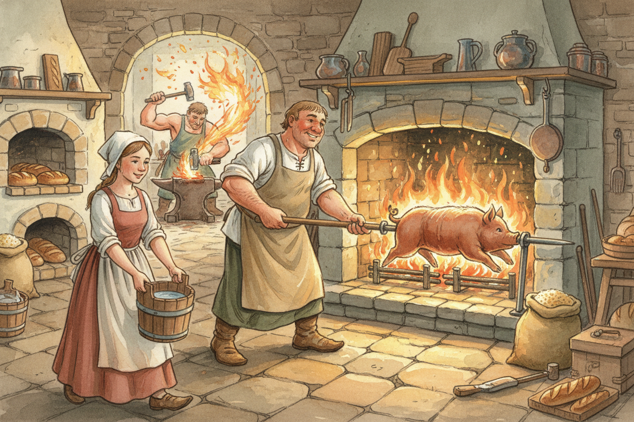 Dozens of servants kept the castle running: cooks who **roasted whole pigs over fire pits**, maids who *hauled water up 