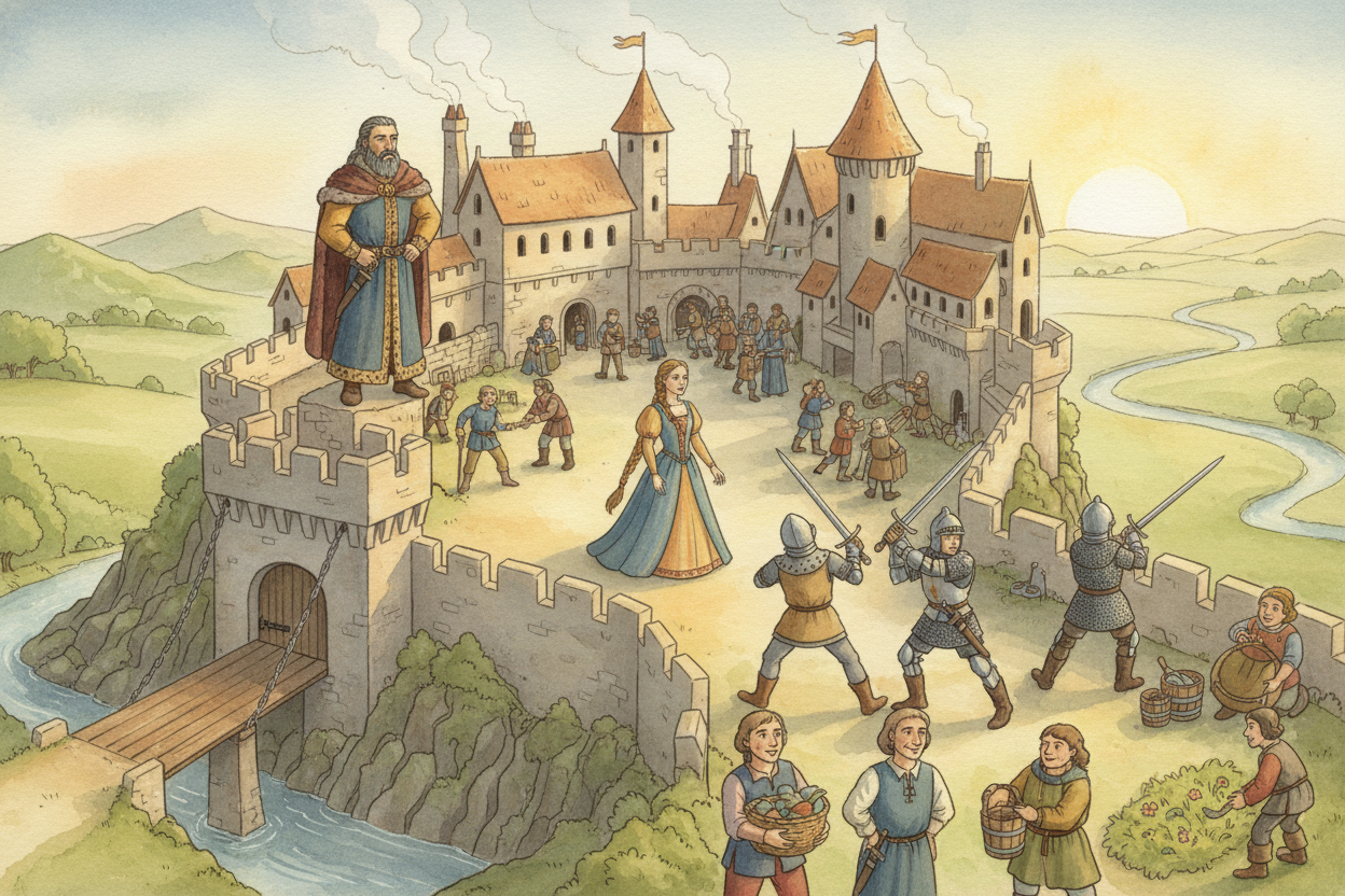 ~~So who lived in castles?~~ Lords and ladies, knights and squires, cooks and blacksmiths, servants and guards, guests a