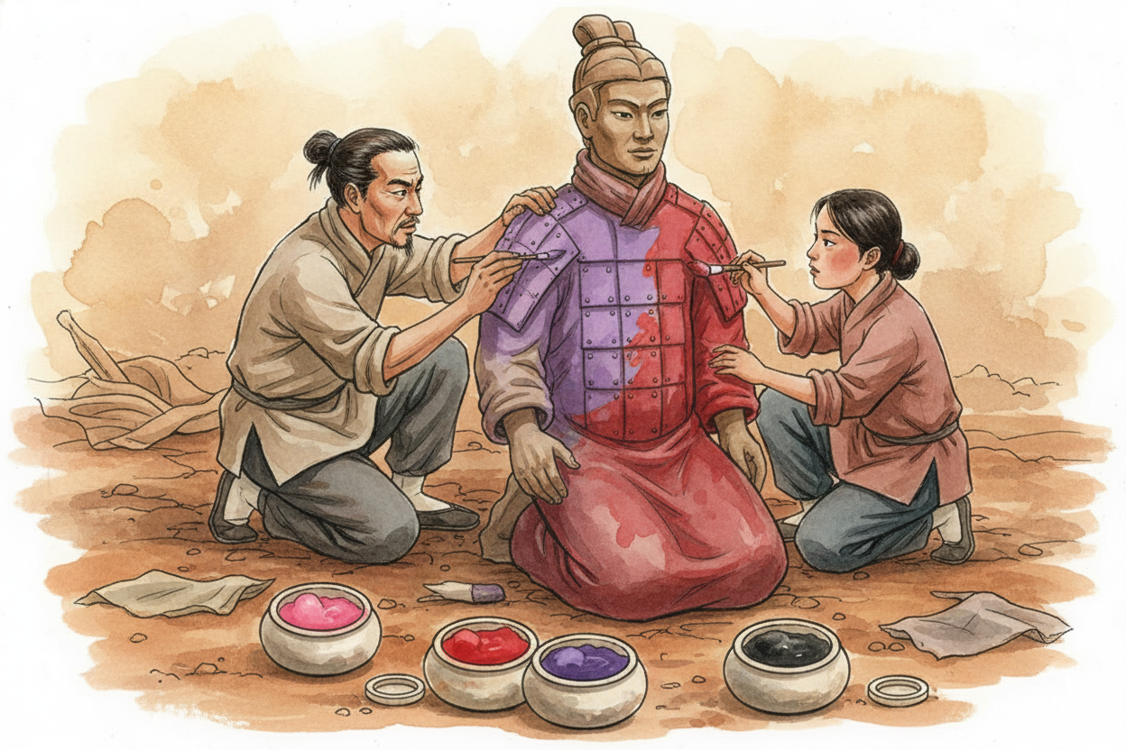 After shaping, the figures were fired in **giant kilns**, ~~baked hard as stone~~. Then painters colored them in bright 