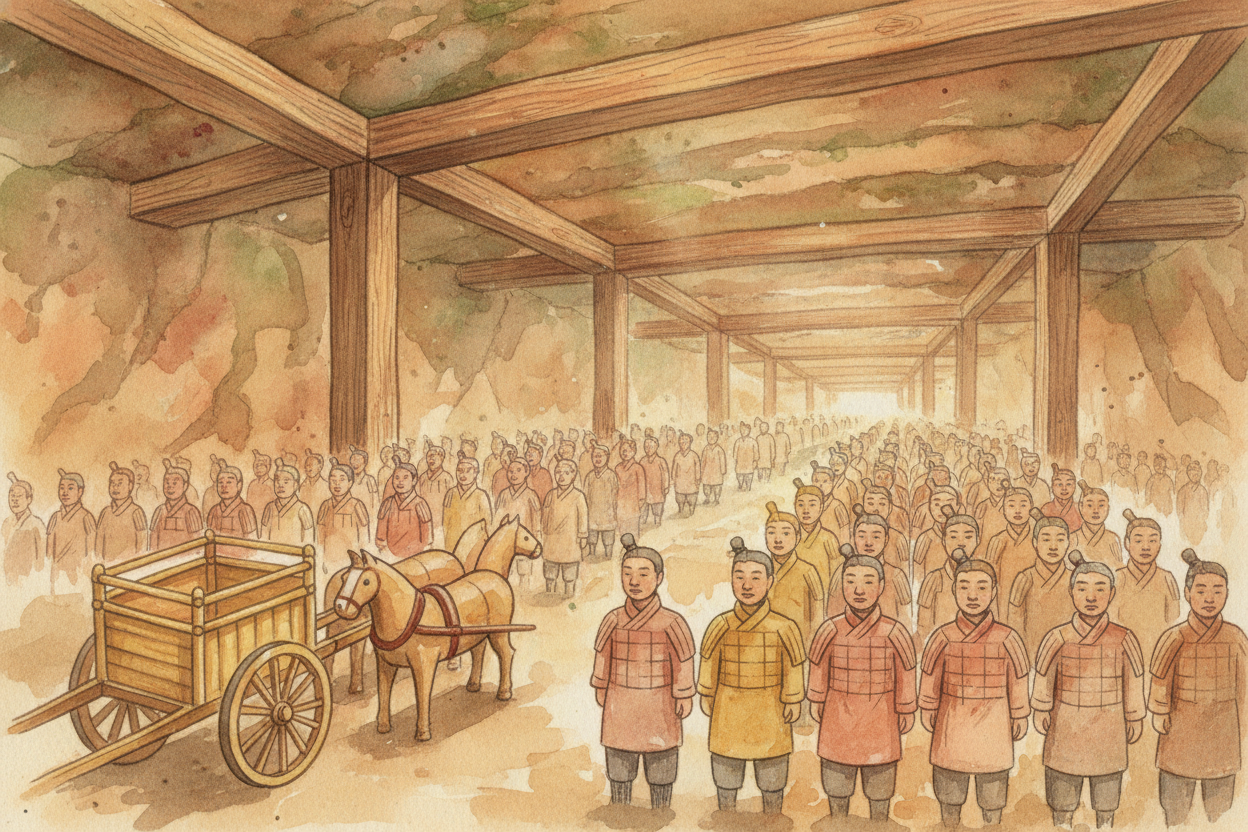 Once finished, the soldiers were arranged in battle formation inside three enormous pits, along with clay horses, chario