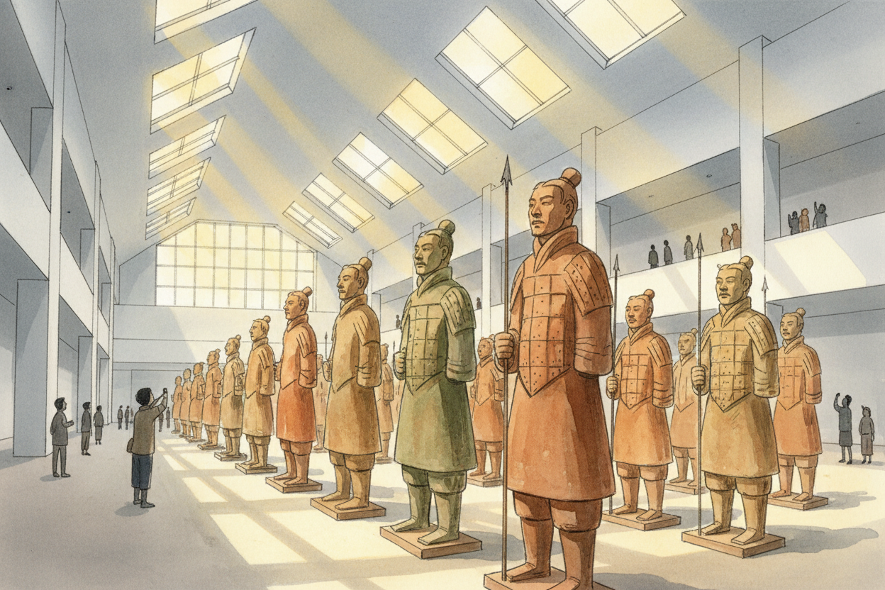 So who made the Terracotta Army? **An emperor's ambition** ordered it. Thousands of unnamed artisans shaped it, *one sol