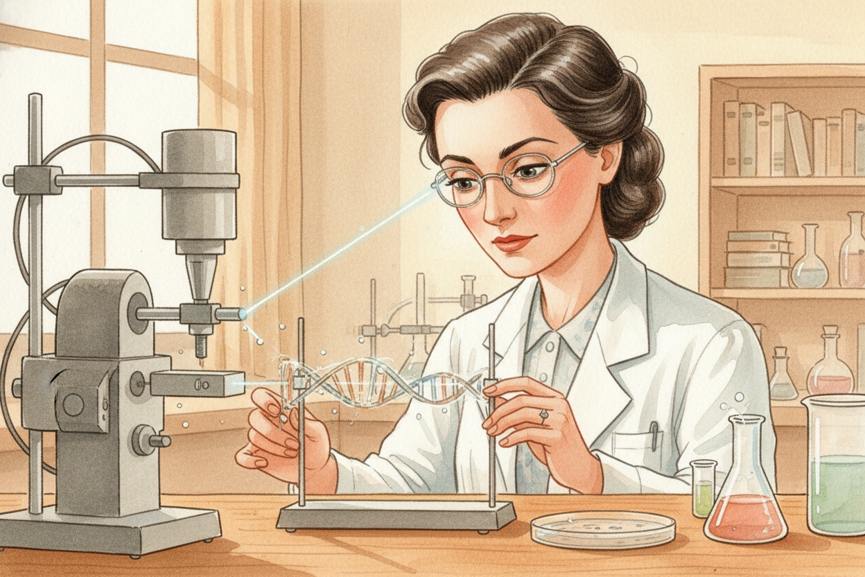 In the early 1950s, ++Franklin++ pointed her X-rays at DNA. This was incredibly hard. DNA is far too small to see with a