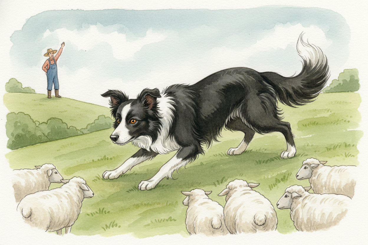 ~~Here's the secret:~~ ++Border Collies++ were bred for hundreds of years to herd sheep. Not just chase them — *control*