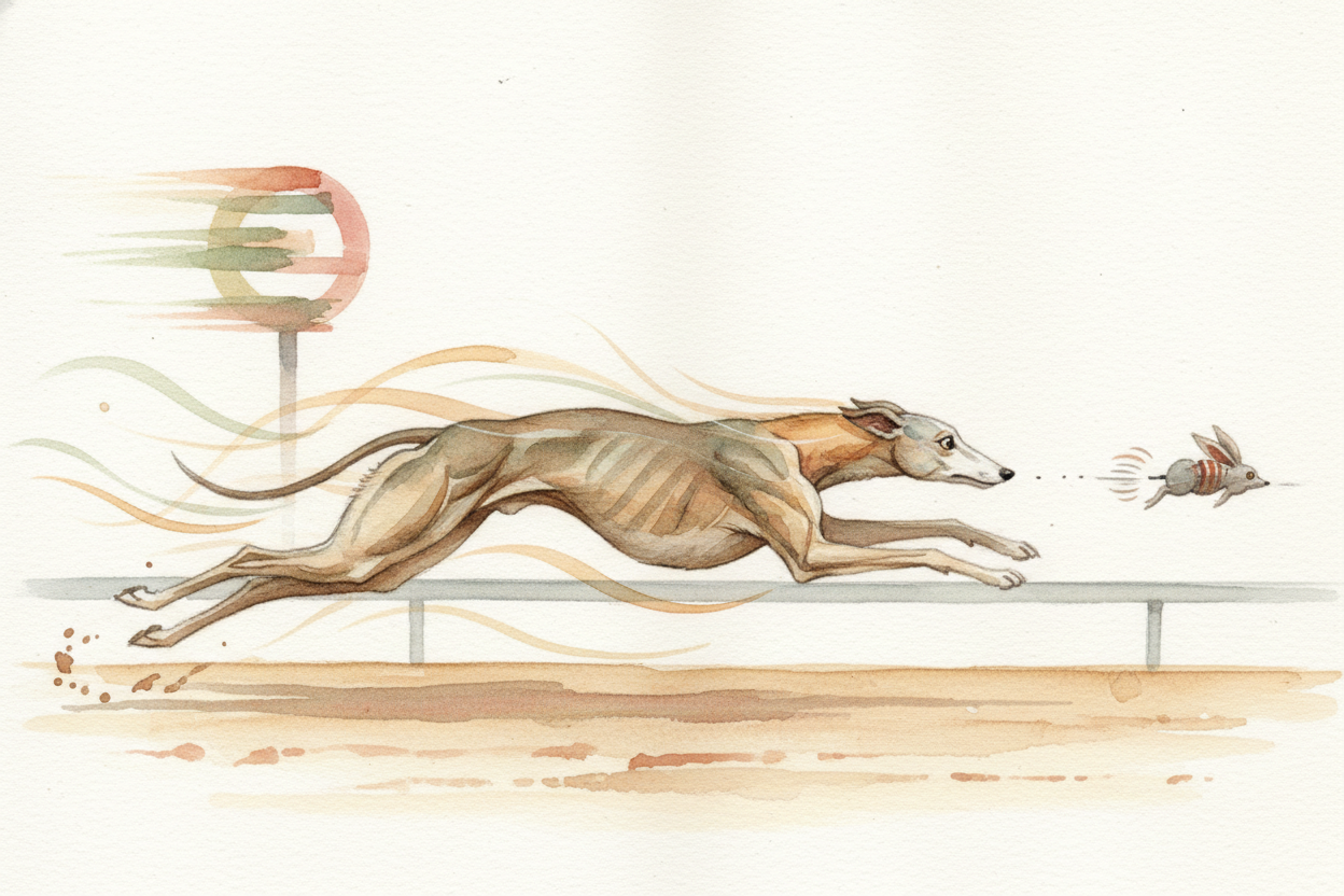 ~~A greyhound explodes off the starting line~~, legs pumping, ears pinned flat, chasing a mechanical rabbit around the t