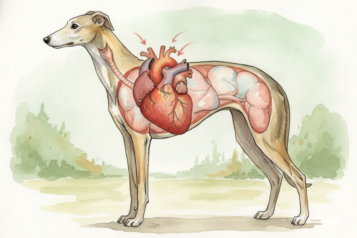 Start with the engine: **the heart and lungs**. A greyhound's heart is enormous for her size — **about the size of a gra