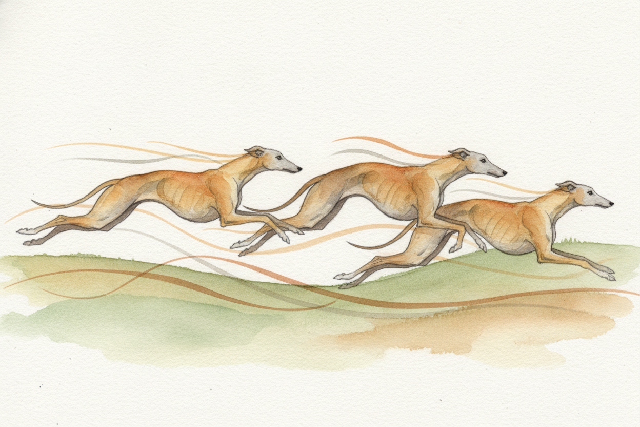 That flying leap is called a ++double-suspension gallop++, and it's the secret to her speed. Most dogs gallop with one m