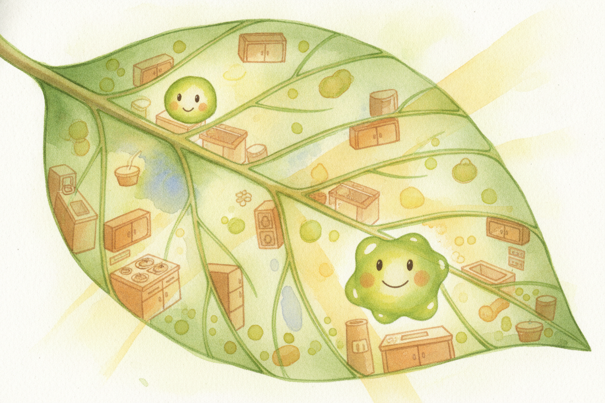 Plants make their own food. They don't hunt or shop; they cook sunlight into sugar. Inside each leaf are millions of lit