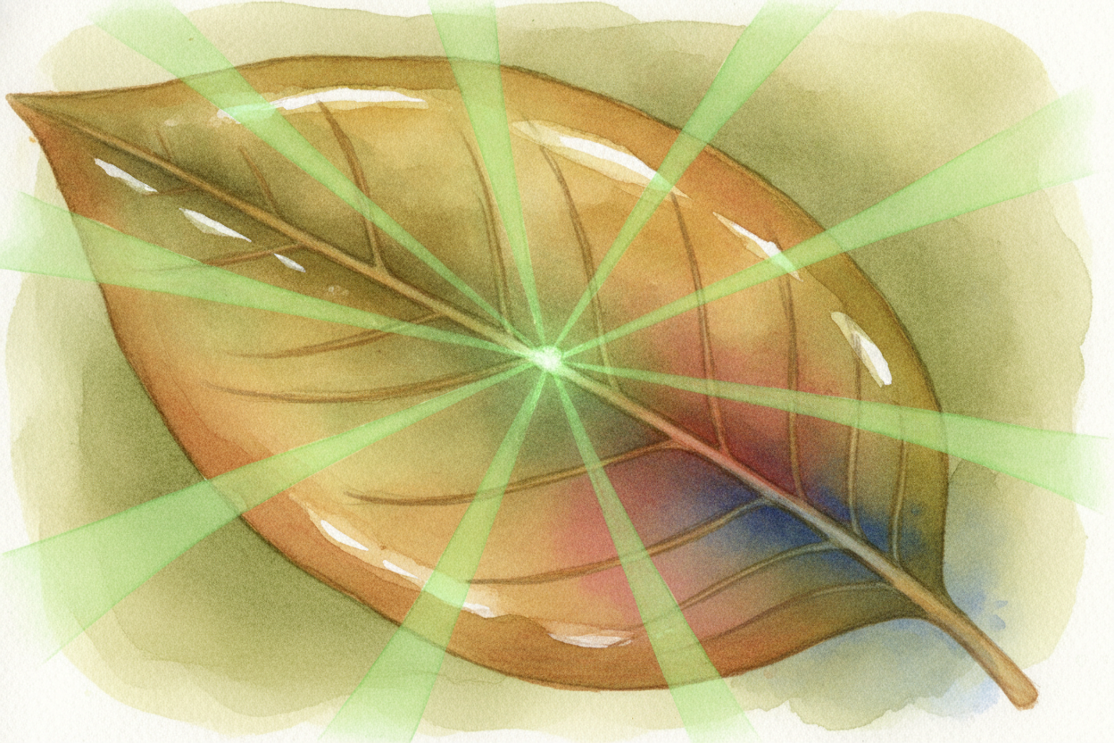~~So what happens~~ to the green light that gets turned away? It **bounces off the leaf and flies back out** — much of i