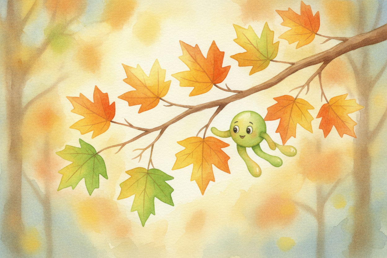 And in autumn, ~~the trick reveals itself~~. As days shorten, leaves stop making chlorophyll, and the green fades away. 